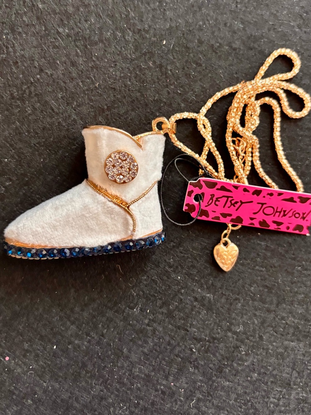 Betsey Johnson White Boot Necklace with Gold Chain and Blue Crystal Trim
